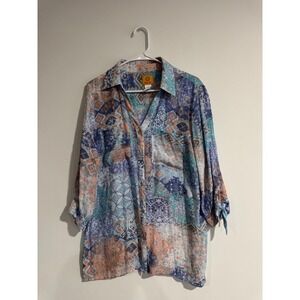 Ruby Rd Mosaic Tile Print Blouse Womens M Blue Eclectic Spring Bohemian Vacation